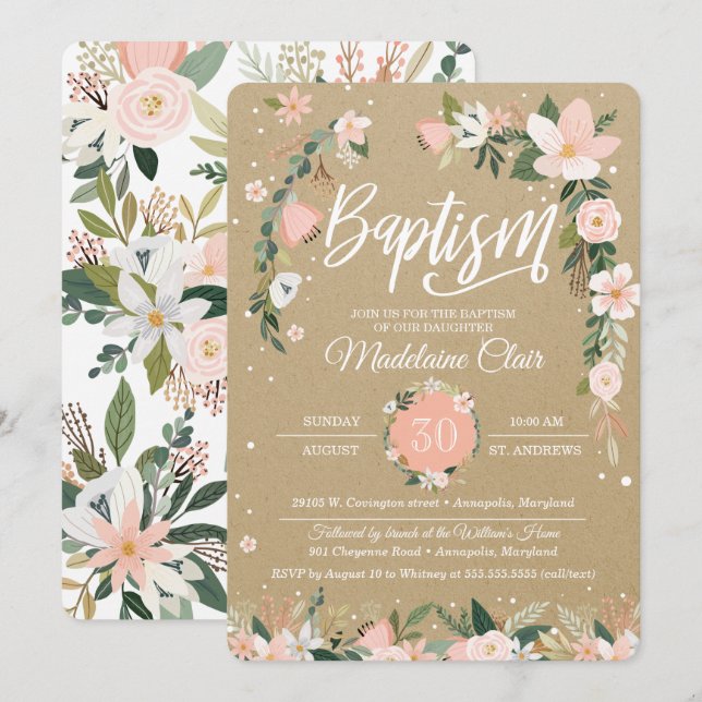 Invitation Baptême Whimsical Floral Blush & White Girl (Devant / Derrière)