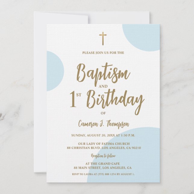 Invitation Baptism and First Birthday with Cross Blue Gold (Devant)