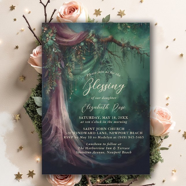 Invitation Baptism Blessing Enchanted Garden Fairytale Draped (baptism invitation christening enchanted forest garden botanical greenery emerald gold floral draped)