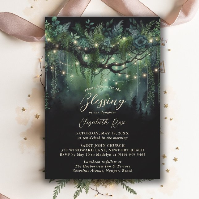 Invitation Baptism Blessing Enchanted Garden Fairytale Floral (baptism invitation christening enchanted forest garden botanical greenery emerald gold floral)
