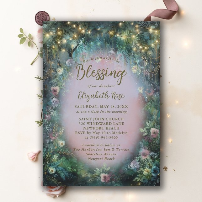 Invitation Baptism Blessing Enchanted Garden Roses Fairytale (baptism invitation christening enchanted forest garden botanical greenery roses emerald gold pink)