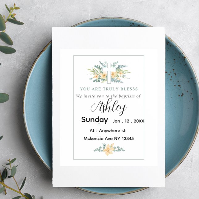 Invitation Baptism Card  minimalist with Cross and Flowers (Créateur téléchargé)