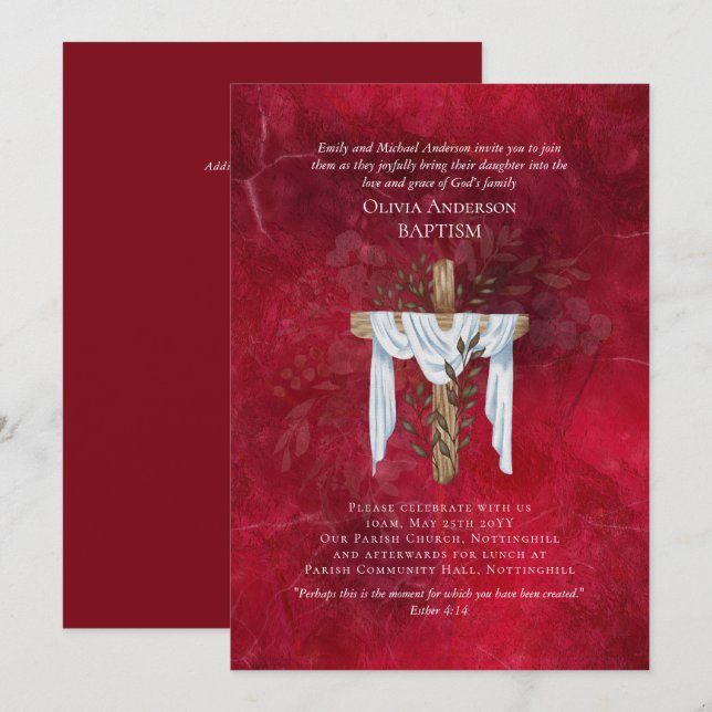 Invitation BAPTISM classique et élégant Ruby Red (Devant / Derrière)