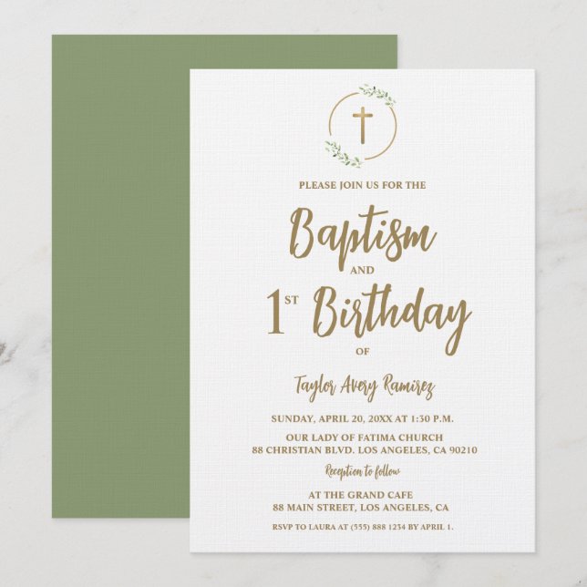 Invitation Baptism First Birthday Greenery wreath Gold cross (Devant / Derrière)