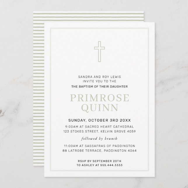 Invitation BAPTISM moderne croisé minimal simple sauge vert (Devant / Derrière)