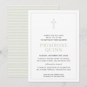 Invitation BAPTISM moderne croisé minimal simple sauge vert