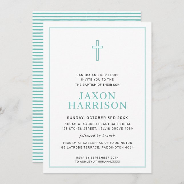 Invitation BAPTISM moderne croix minimale simple vert menthe (Devant / Derrière)