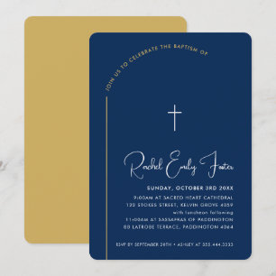 Invitation BAPTISM moderne croix modifiable marine courbe or