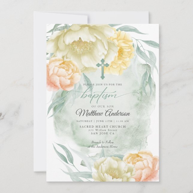Invitation BAPTISME Citron d'ivoire rustique Jaune Floral (Devant)