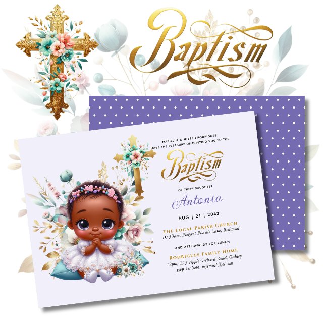Invitation BAPTISME de la fille noire Croix Florale d'or viol (Créateur téléchargé)