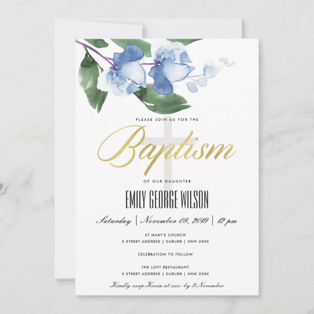 INVITATION BAPTISME FLORAL BLEUE GREEN INK LAVÉ À L'EAU (Devant)
