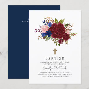 Invitation BAPTISME floral rose bleu bordeaux enchanté
