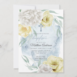 Invitation BAPTISME Floral Rustique bleu-jaune