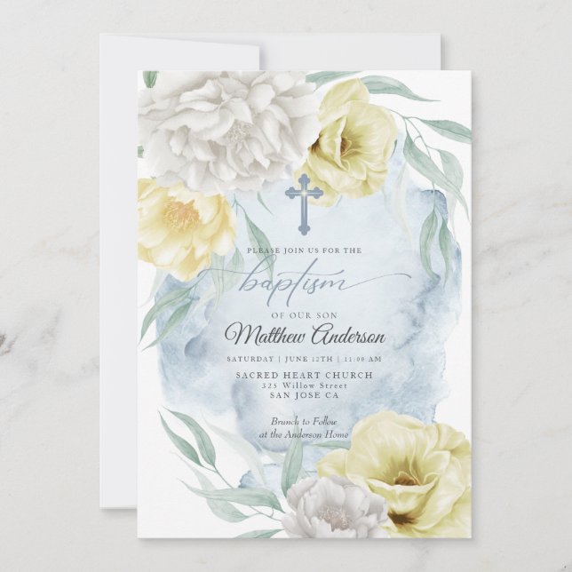Invitation BAPTISME Floral Rustique bleu-jaune (Devant)