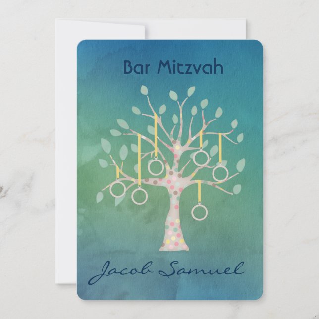 Invitation Bar Bat Bnai Arbre de vie Mitzvah Aquarelle bleu (Devant)