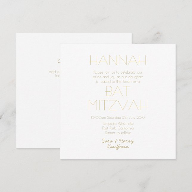 Invitation BAR BAT Or Blanc Contemporain MITZVAH Classique (Devant / Derrière)