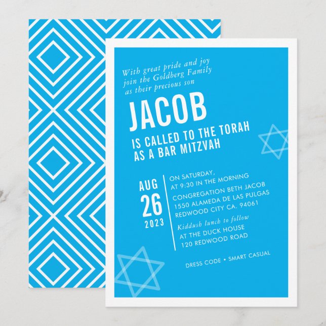 Invitation BAR BOLD MITZVAH simple angle moderne aqua blanc (Devant / Derrière)