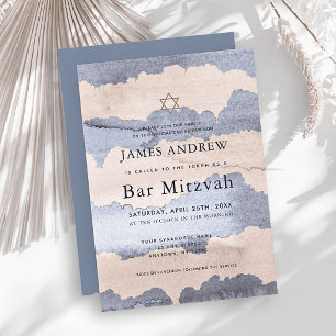 Invitation Bar Mitzvah aquarelle bleu poussiéreux et marron