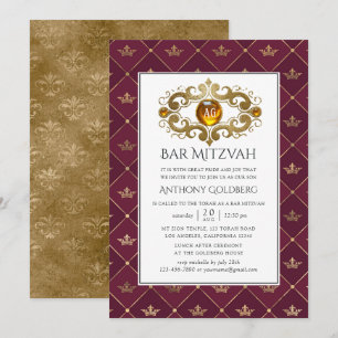 Invitation Bar Mitzvah au monogramme héraldique Bourgogne et