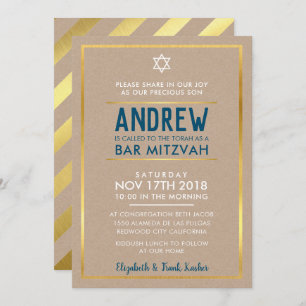 Invitation BAR MITZVAH audace intelligente type or kraft bleu