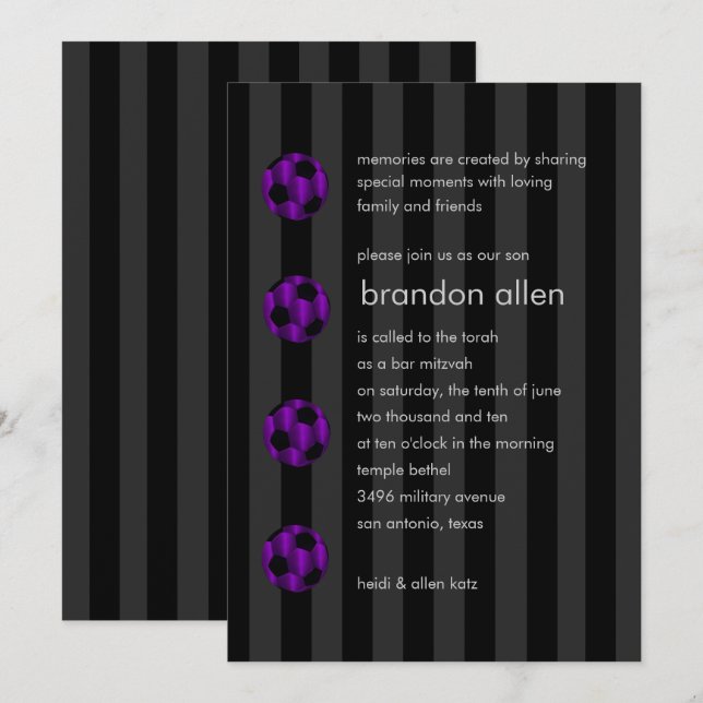 Invitation Bar Mitzvah Bal de football violet et noir (Devant / Derrière)