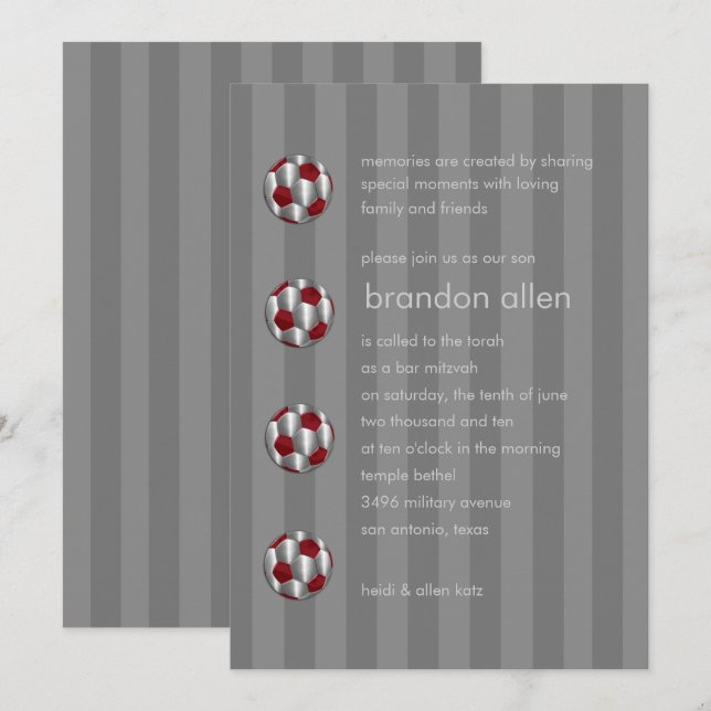 Invitation Bar Mitzvah Balle de football rouge et argent (Devant / Derrière)