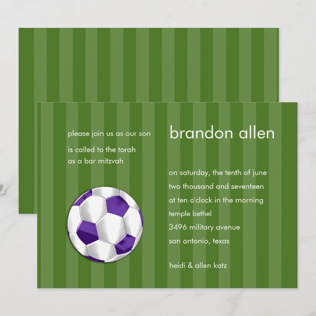 Invitation Bar Mitzvah Balle de football violet et blanc (Devant / Derrière)