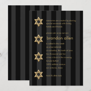 Invitation Bar Mitzvah Black Stripe Gold Star