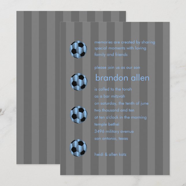 Invitation Bar Mitzvah Bleu clair et noir balle de football (Devant / Derrière)