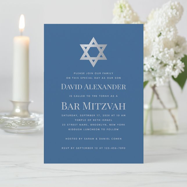 Invitation Bar Mitzvah Bleu Classique Faux Étoile de David en (Créateur téléchargé)