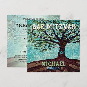 Invitation Bar Mitzvah Bleu et Arbre Vert de la Vie
