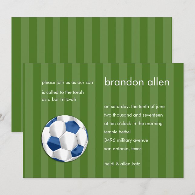Invitation Bar Mitzvah Bleu et Bal de Football Blanc (Devant / Derrière)