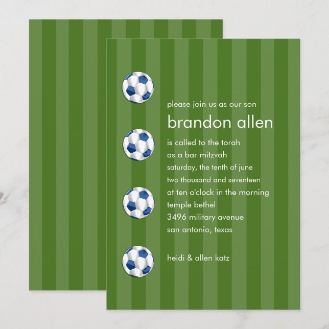 Invitation Bar Mitzvah Bleu et Bal de Football Blanc (Devant / Derrière)