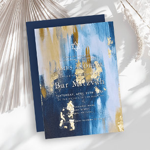 Invitation Bar Mitzvah Bleu Nuit et Or Feuille Fausse