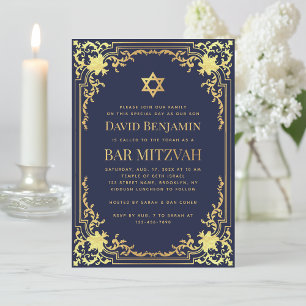 Invitation Bar Mitzvah Bleu Nuit Faux Or Vintage Religieux
