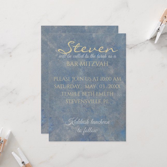 Invitation Bar Mitzvah Blues Silvers (Devant/Arrière en situation)