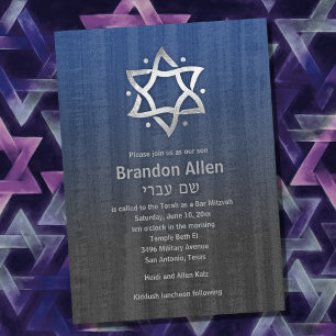 Invitation Bar Mitzvah Bois Aspect Bleu Gris Étoile Argentée