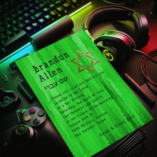 Invitation Bar Mitzvah Bright Green Techno Streaks (Créateur téléchargé)