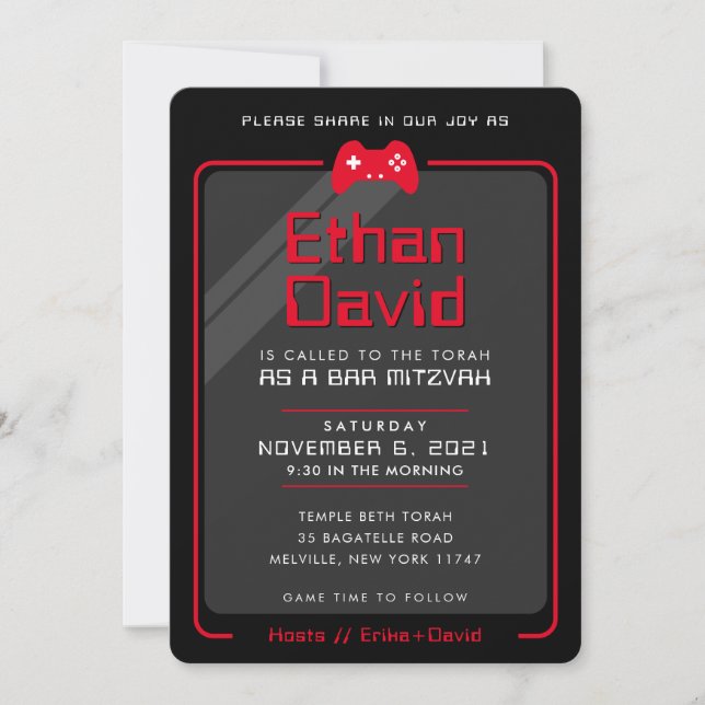 Invitation BAR MITZVAH contrôle de jeu moderne cool noir roug (Devant)