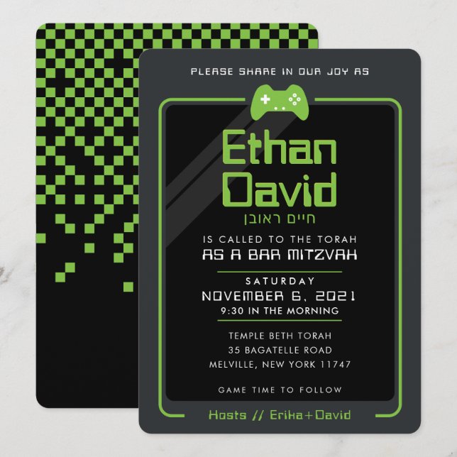Invitation BAR MITZVAH contrôle gamer moderne noir vert 2 (Devant / Derrière)