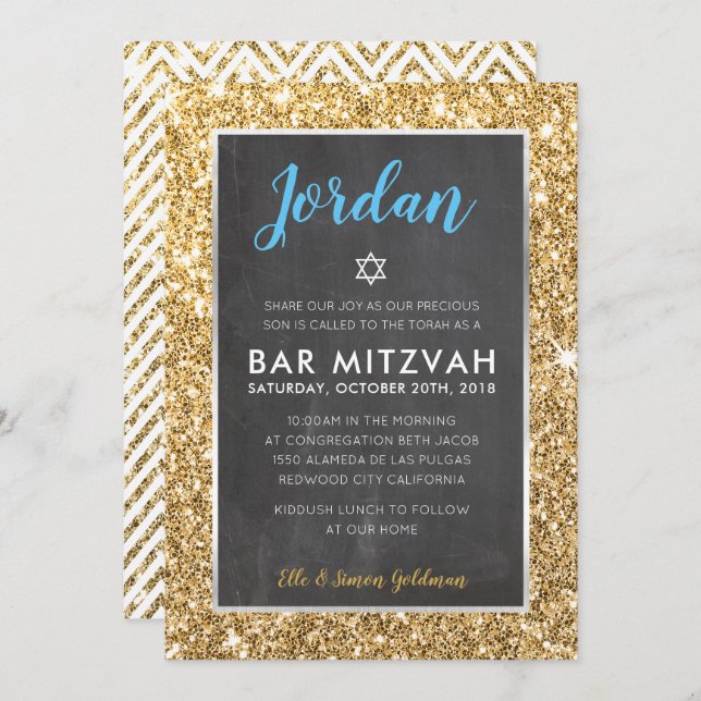 Invitation BAR MITZVAH cool tableau noir parties scintillant  (Devant / Derrière)