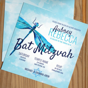 Invitation Bar Mitzvah de la libellule aquamarine et bleu mar