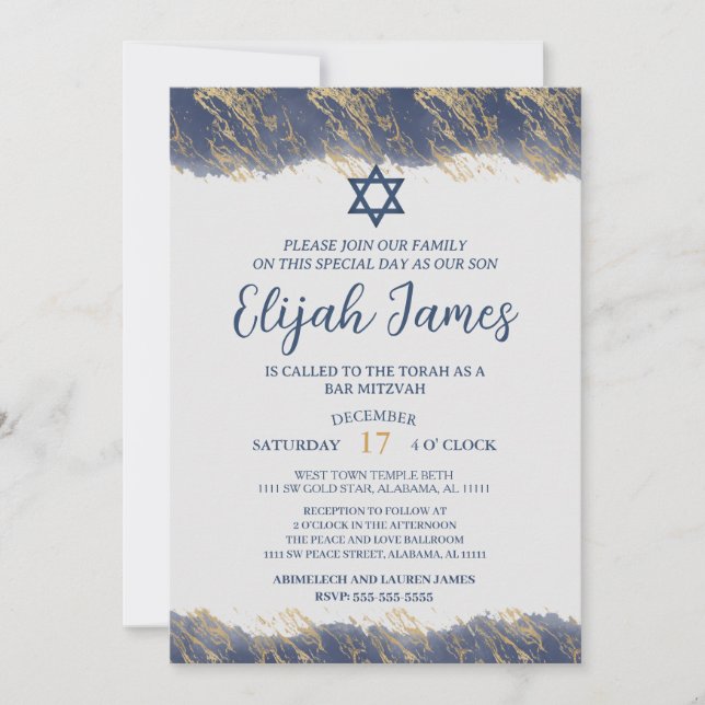 Invitation Bar Mitzvah de l'étoile de David bleu or élégant m (Devant)