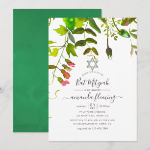 Invitation Bar Mitzvah de verdure printanière à l'aquarelle