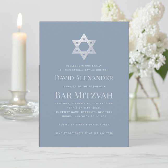 Invitation Bar Mitzvah Dusty Blue Faux Silver Star of David (Créateur téléchargé)