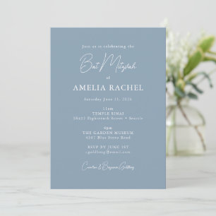 Invitation Bar Mitzvah élégant bleu poussiéreux écriture mode