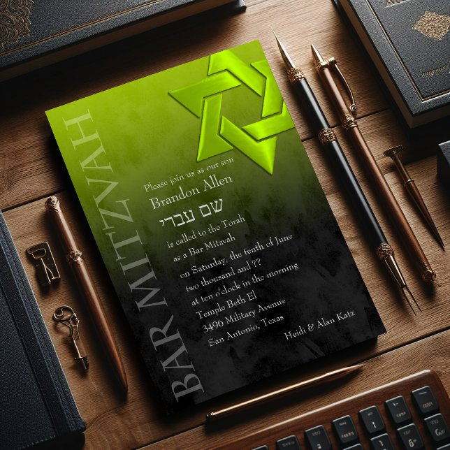 Invitation Bar Mitzvah élégant Lime Green Star de David Ombre (Créateur téléchargé)