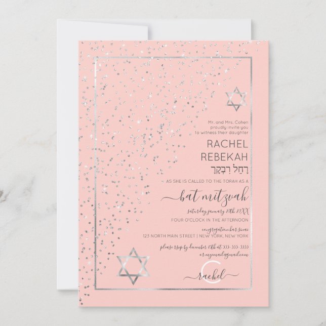 Invitation Bar Mitzvah en Confettis Diagonaux Argent Rose Pai (Devant)