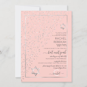 Invitation Bar Mitzvah en Confettis Diagonaux Argent Rose Pai