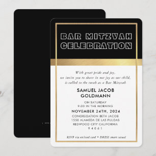 Invitation BAR MITZVAH espace cool moderne cadre or noir mode